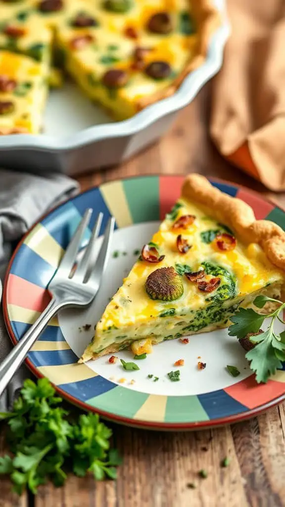 Slice of crustless cottage cheese quiche with broccoli, served on a colorful plate with a fork beside it.