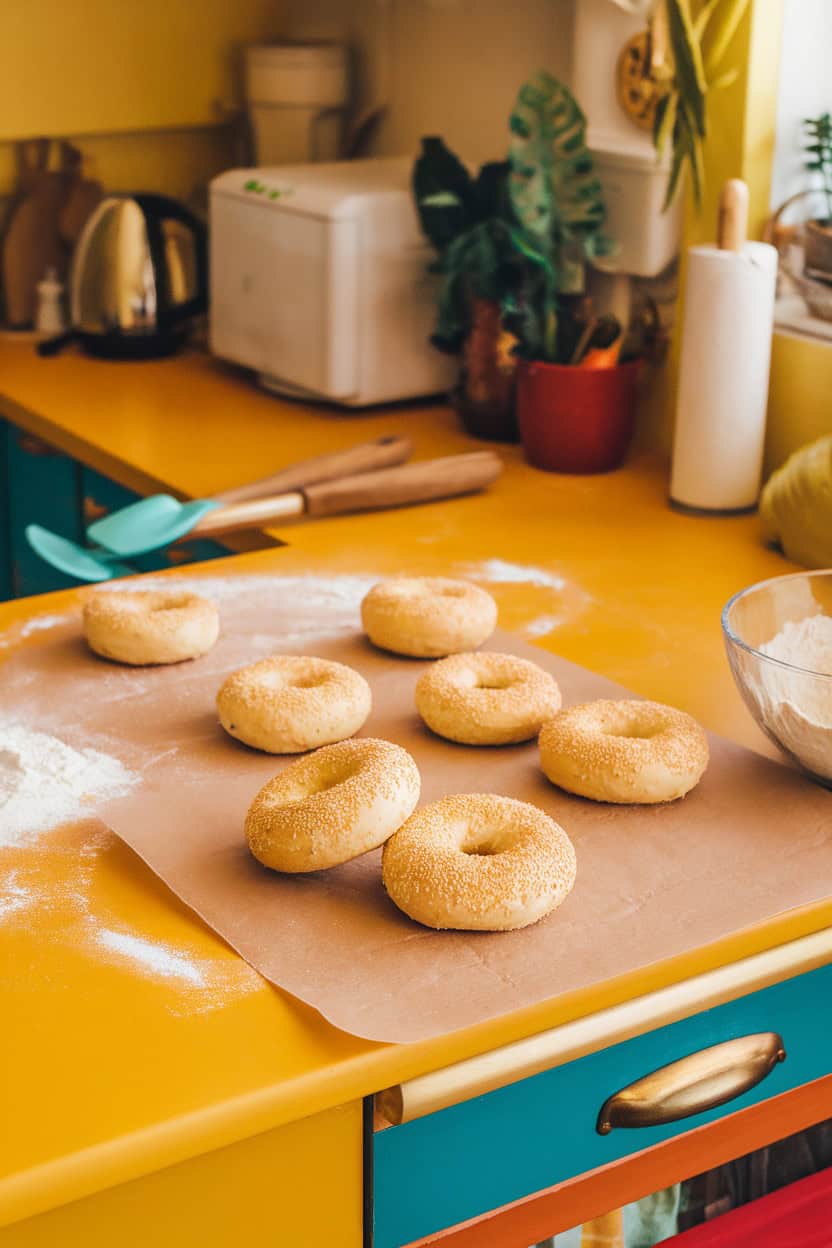 Freshly made bagels resting on parchment paper in a bright kitchen setting.