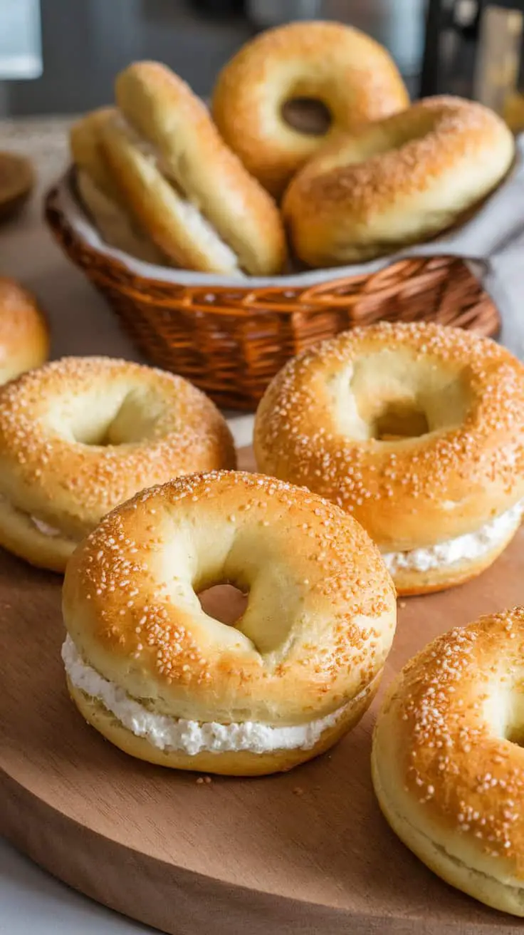 Freshly made cottage cheese bagels on a wooden platter.