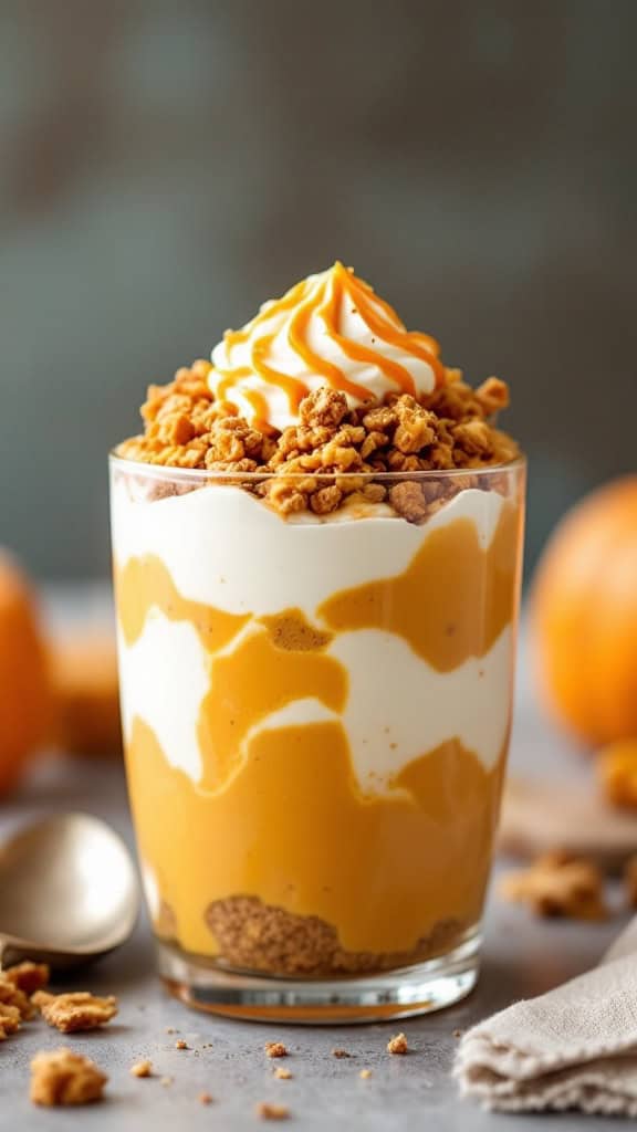 A delicious pumpkin dessert parfait with layers of pumpkin puree and cream, topped with crunchy bits and a swirl of whipped cream.