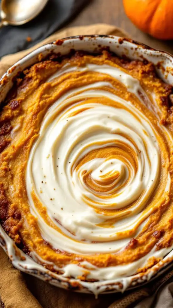 A creamy pumpkin dump cake topped with a swirl of cream cheese, set in a rustic dish.