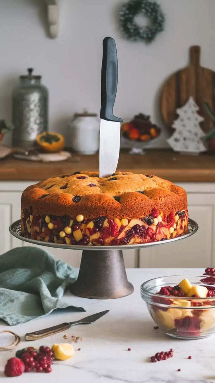 A beautifully baked Christmas fruit cake on a stand with a knife inserted, surrounded by festive decorations.