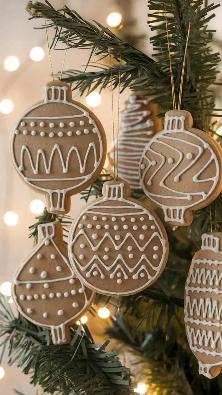 Decorative sugar cookies shaped like Christmas ornaments hanging on a tree