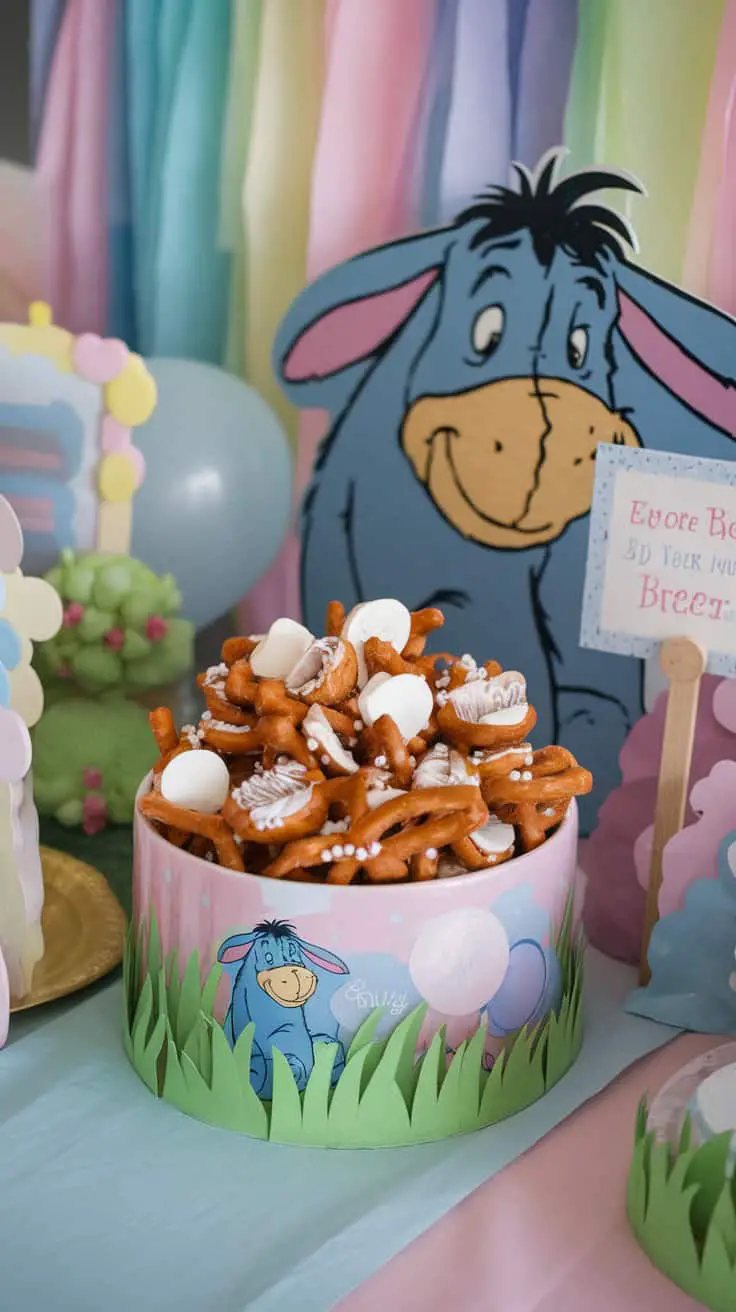 Eeyore-themed pretzel bites displayed at a colorful party table