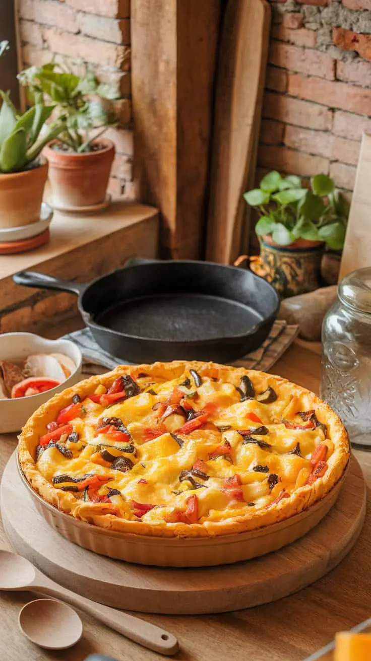 A delicious egg casserole filled with colorful vegetables, served in a round dish, sitting on a wooden table.