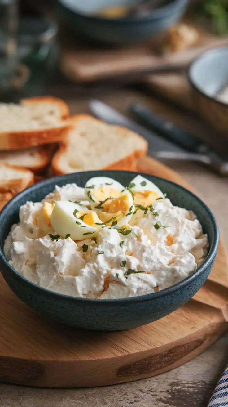 A creamy egg salad in a blue bowl, topped with sliced boiled eggs and herbs, served with slices of bread.