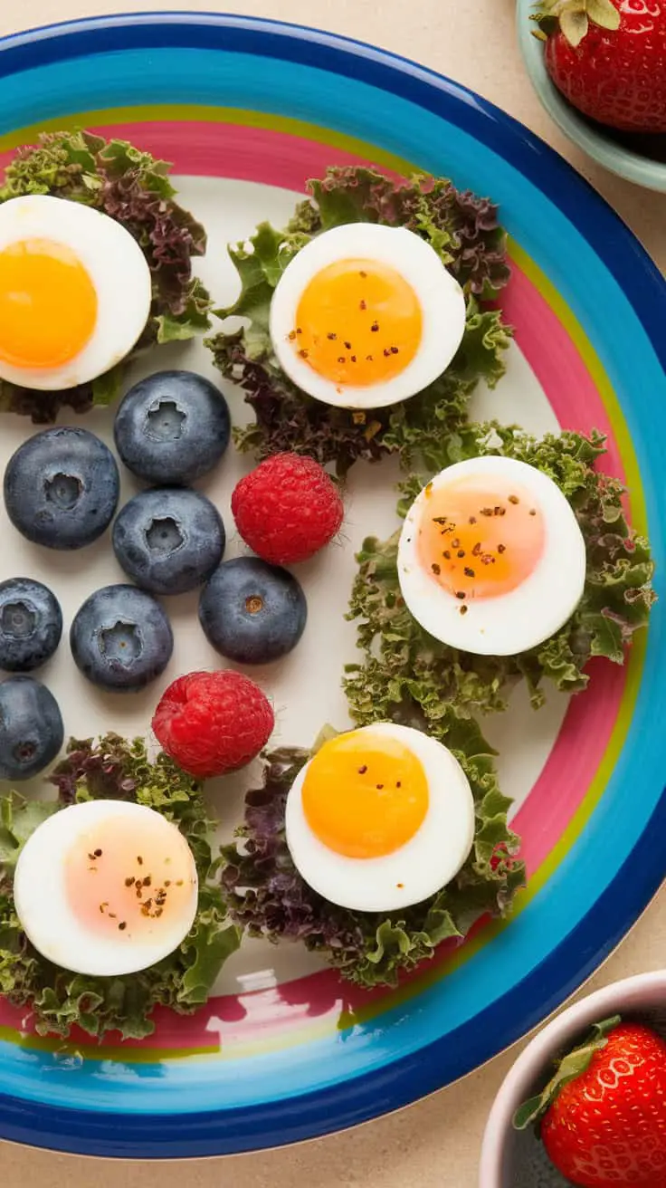 A colorful plate featuring egg white bites with yolks, surrounded by kale and fresh berries.