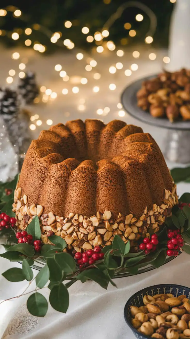 A beautifully decorated eggless Christmas cake with nuts and spices, set against a festive backdrop.