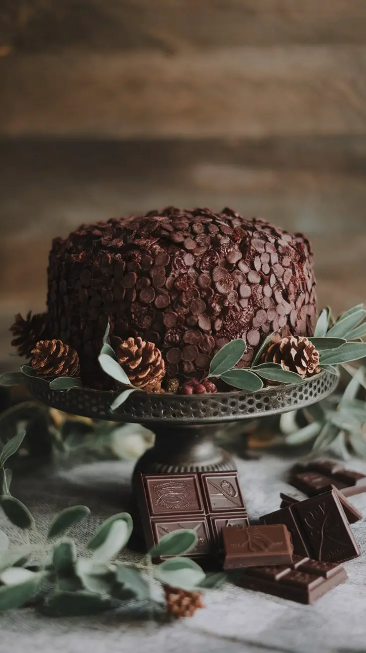 A beautifully decorated eggless dark Christmas fruit cake topped with chocolate chips and garnished with pine cones and leaves.