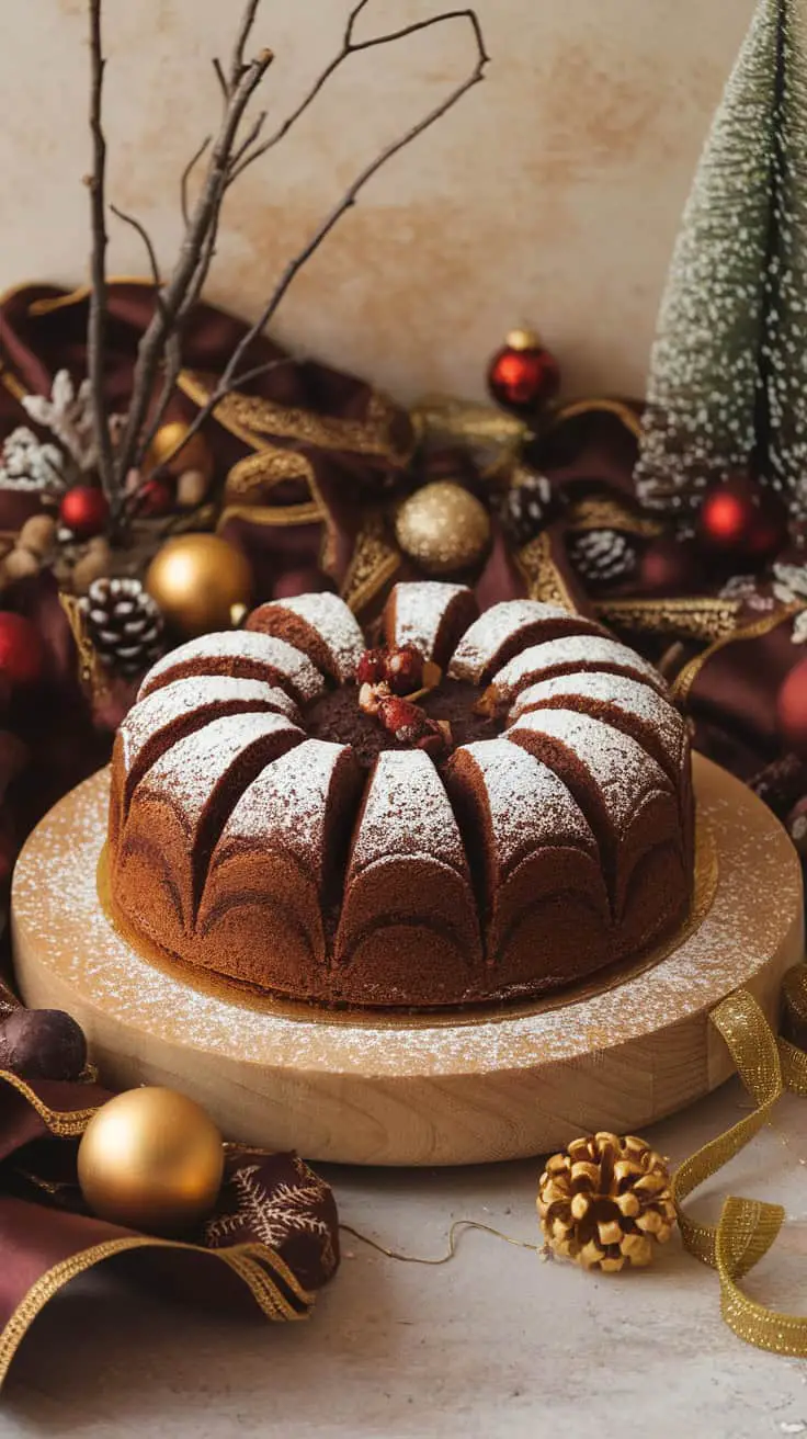 A beautifully decorated eggless plum cake with a dusting of powdered sugar, surrounded by festive decorations.