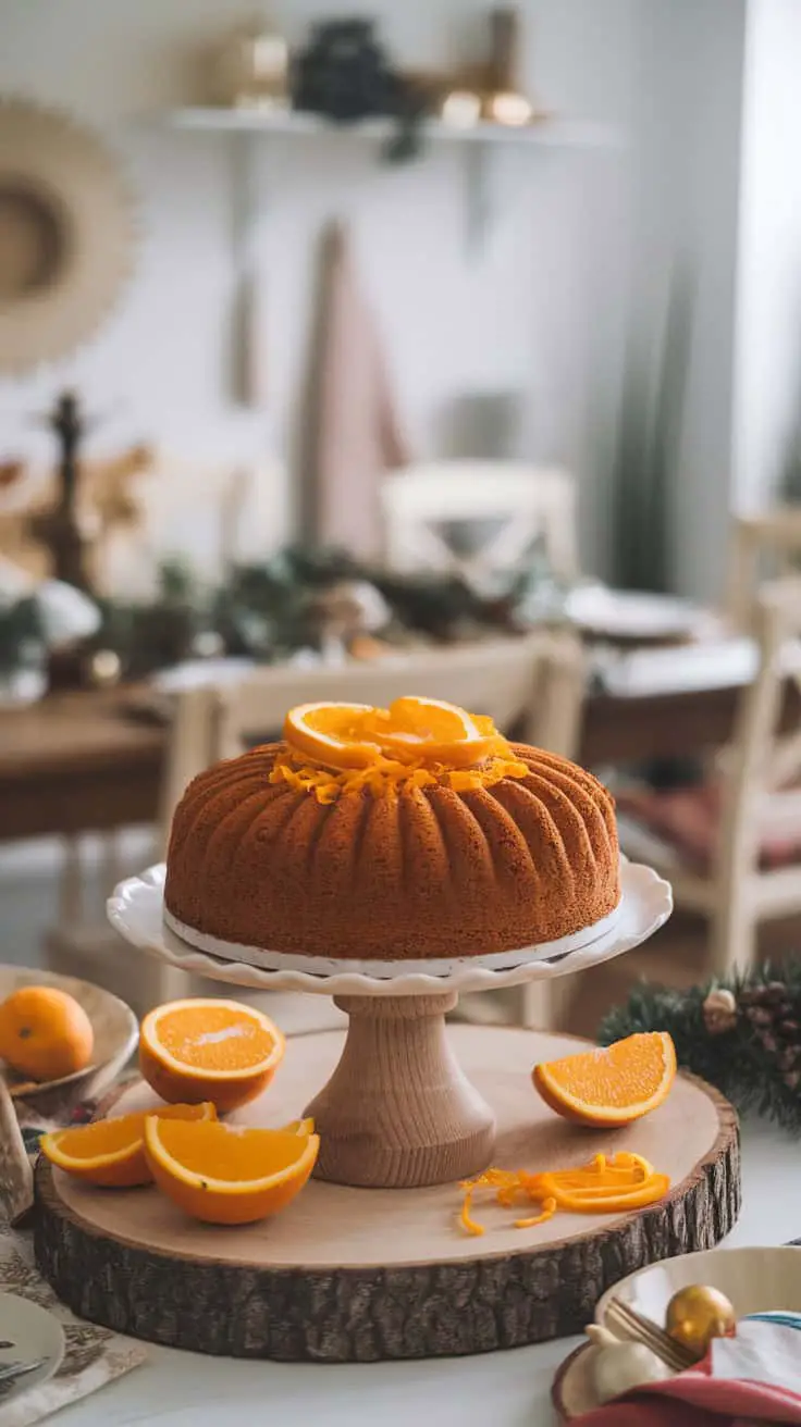 Eggless plum cake topped with orange zest, displayed on a wooden stand with oranges around it