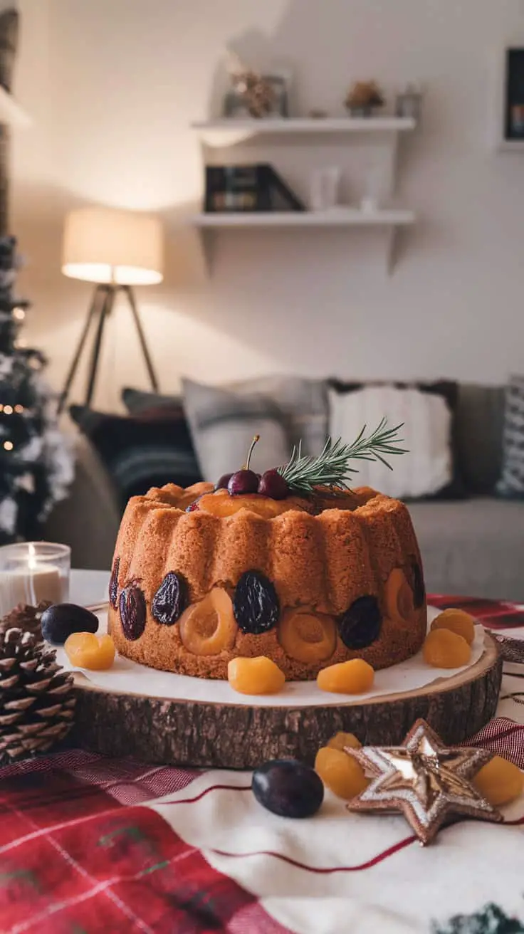 Eggless plum cake with rum-soaked fruits, decorated with cherries and rosemary, displayed on a wooden platter.