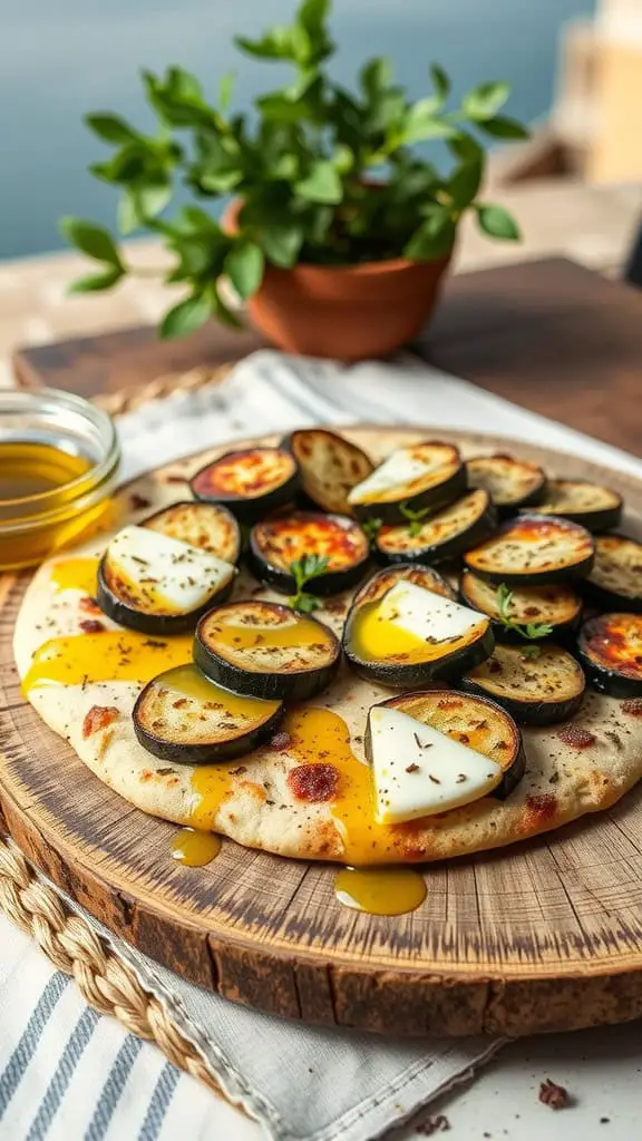 Eggplant and halloumi flatbread topped with herbs and olive oil, served on a wooden board