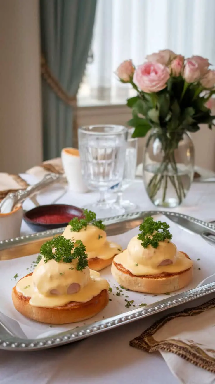 A tray of Eggs Benedict with English muffins, ham, poached eggs, and hollandaise sauce, garnished with parsley, set on a table with flowers.