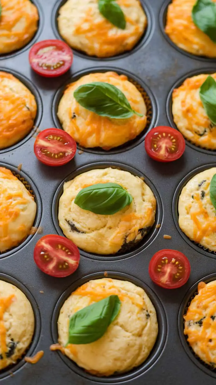 Eggy breakfast cups with cheese and basil, served with cherry tomatoes.