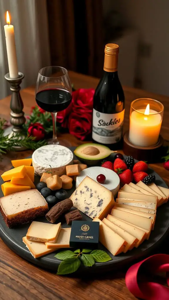 A beautifully arranged charcuterie board with various cheeses, fruits, and snacks, complemented by candles and a bottle of wine.