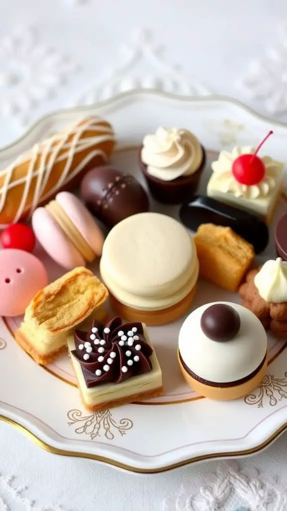 A beautifully arranged tray of assorted European desserts, featuring macarons, chocolates, and pastries.