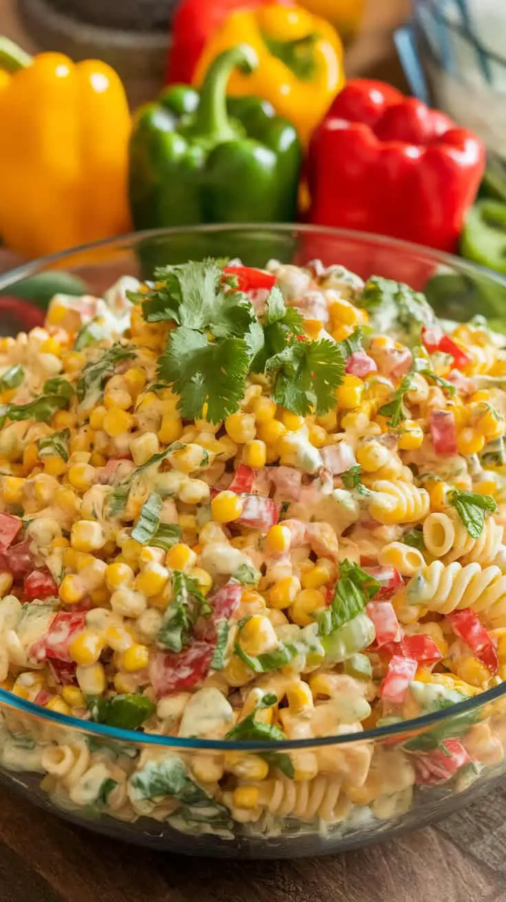 A vibrant bowl of Elote Pasta Salad with corn, peppers, and cilantro.