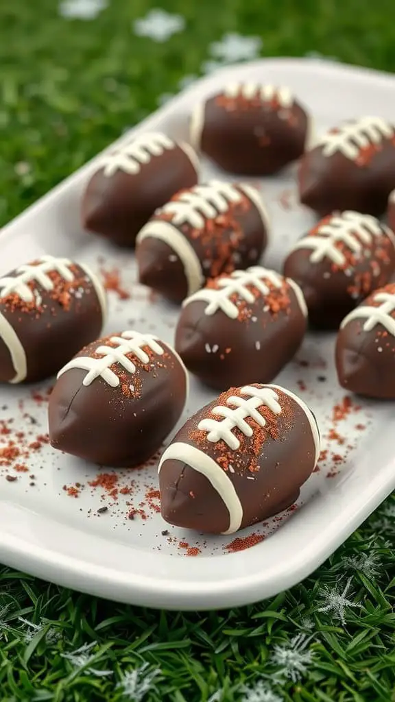 Oreo truffles shaped like footballs on a plate