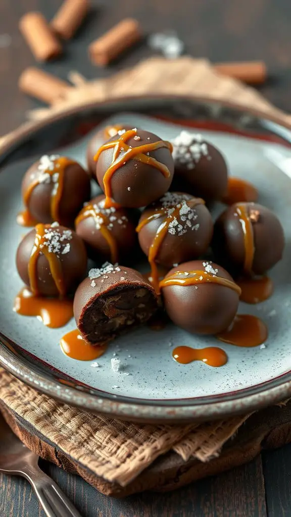 Plate of Espresso Caramel Sea Salt Truffles drizzled with caramel and sprinkled with sea salt