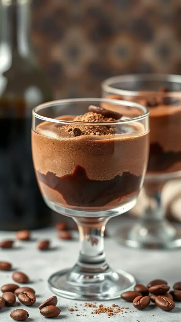 Espresso infused coffee chocolate mousse in glass cups with coffee beans around