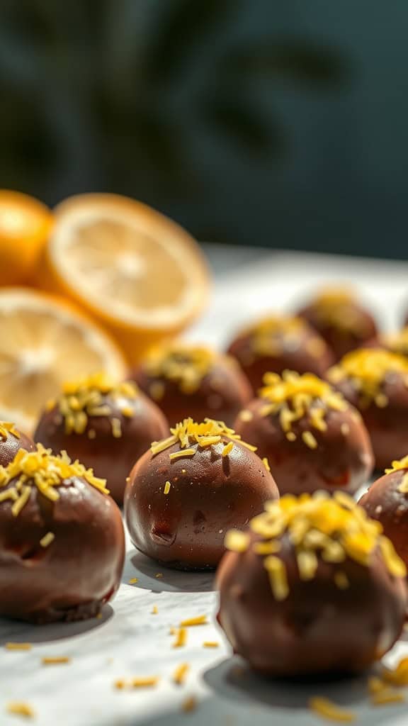 Espresso Lemon Zest Truffles on a white surface with lemon slices in the background