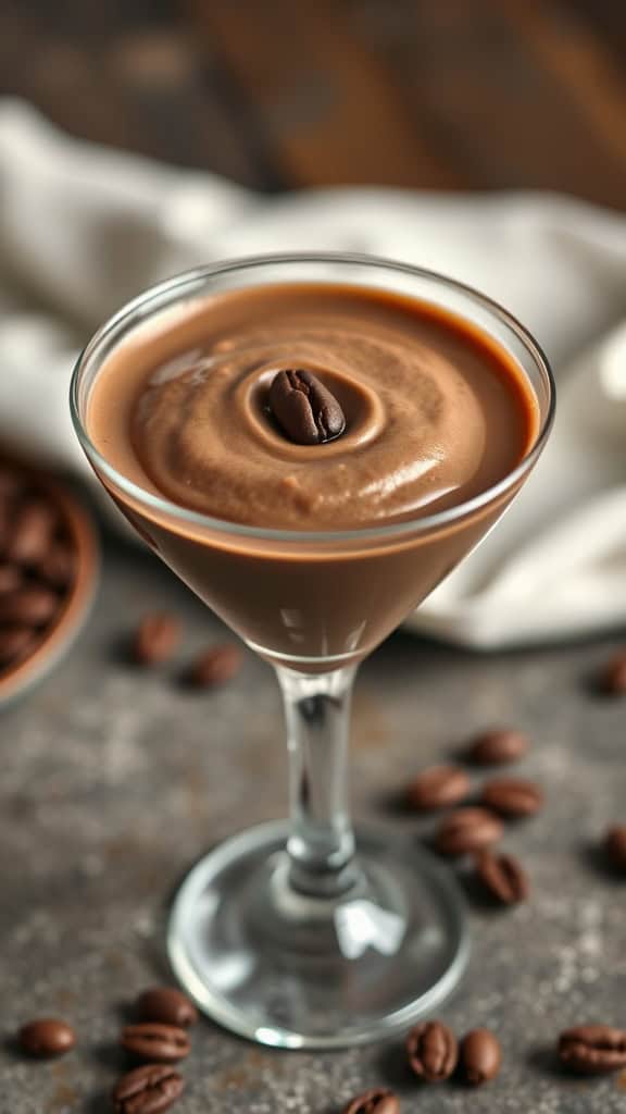 A glass of Espresso Martini Chocolate Mousse topped with a coffee bean.