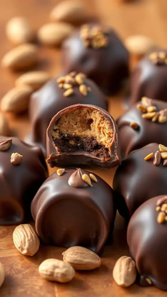 Espresso Peanut Butter Truffles with a bite taken out, surrounded by almonds