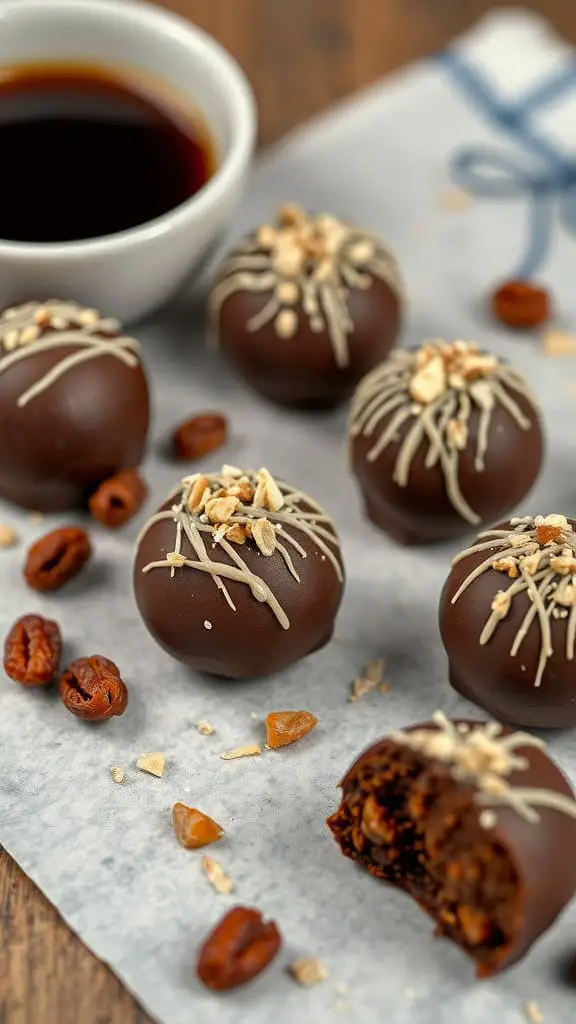 Espresso Rum Raisin Truffles with a cup of coffee and toppings