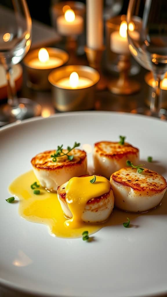 A beautifully plated dish of seared scallops with lemon butter sauce, garnished with herbs, set against a backdrop of candlelight.