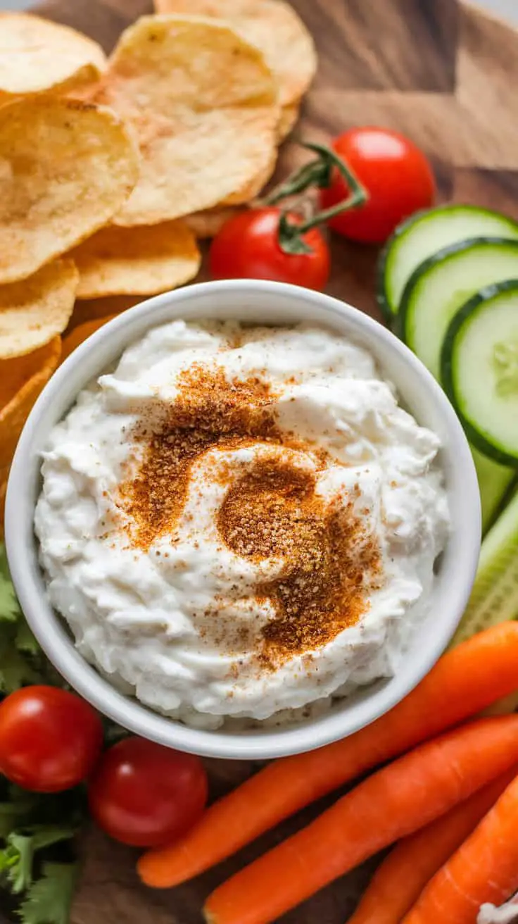 A bowl of creamy dip sprinkled with Everything Bagel seasoning, surrounded by chips, cherry tomatoes, cucumber slices, and carrots.