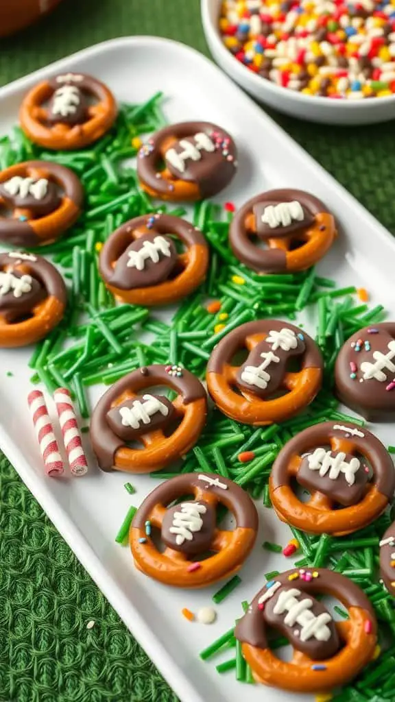 Chocolate-covered pretzels decorated as footballs on a green platter