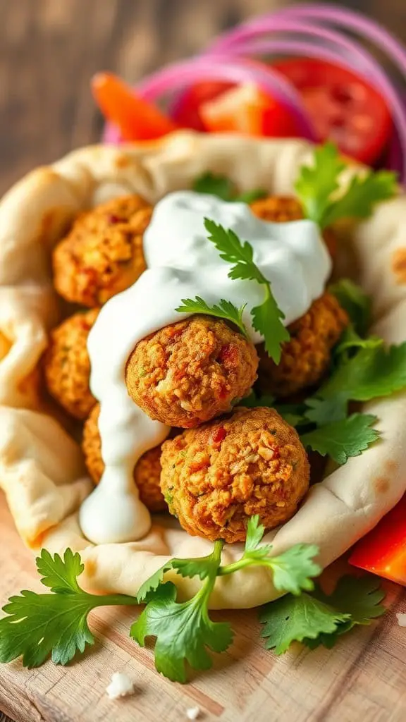 Falafel stuffed pita with tzatziki sauce and fresh vegetables