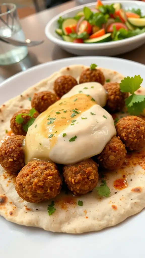 Falafel and tahini sauce on flatbread with fresh herbs