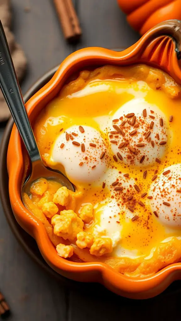 A cozy pumpkin egg bake topped with eggs and spices in an orange dish.