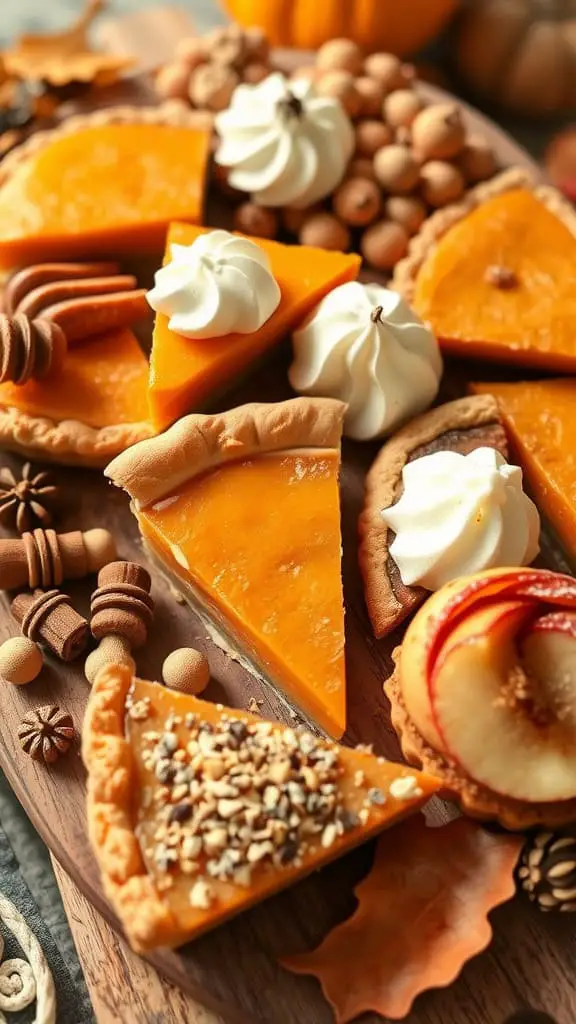 A fall harvest dessert platter with pumpkin pie, apple pastries, and decorative elements.