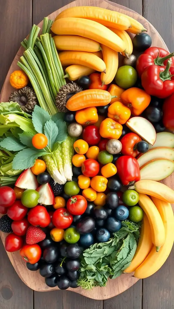 A colorful farmers' market platter filled with fresh fruits and vegetables.