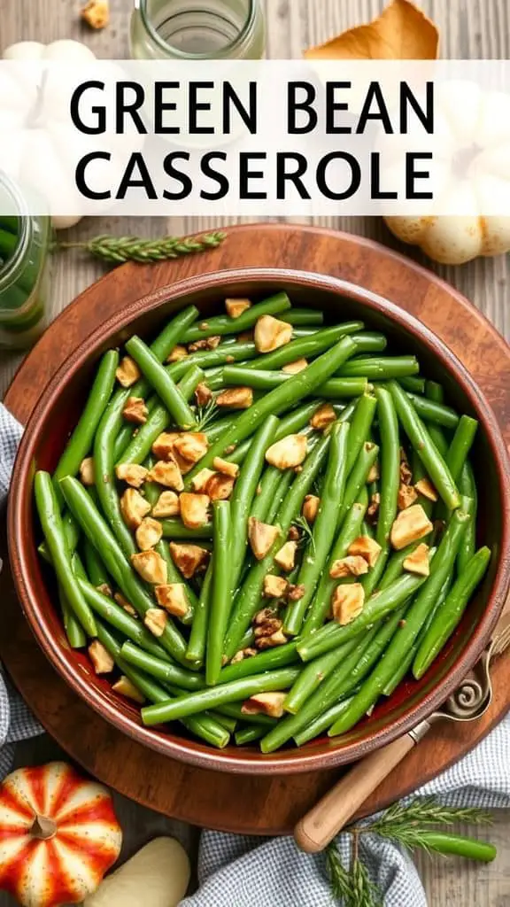 A bowl of green bean casserole topped with nuts, with decorative pumpkins and herbs in the background.