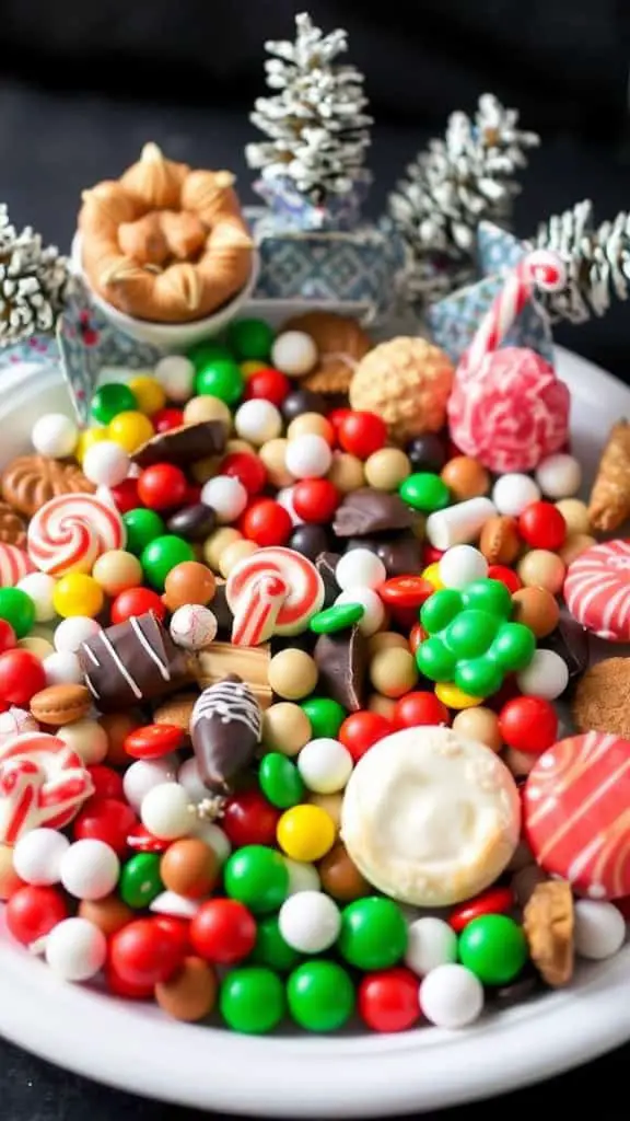 A colorful festive candy bar tray filled with assorted candies and treats, perfect for celebrations.