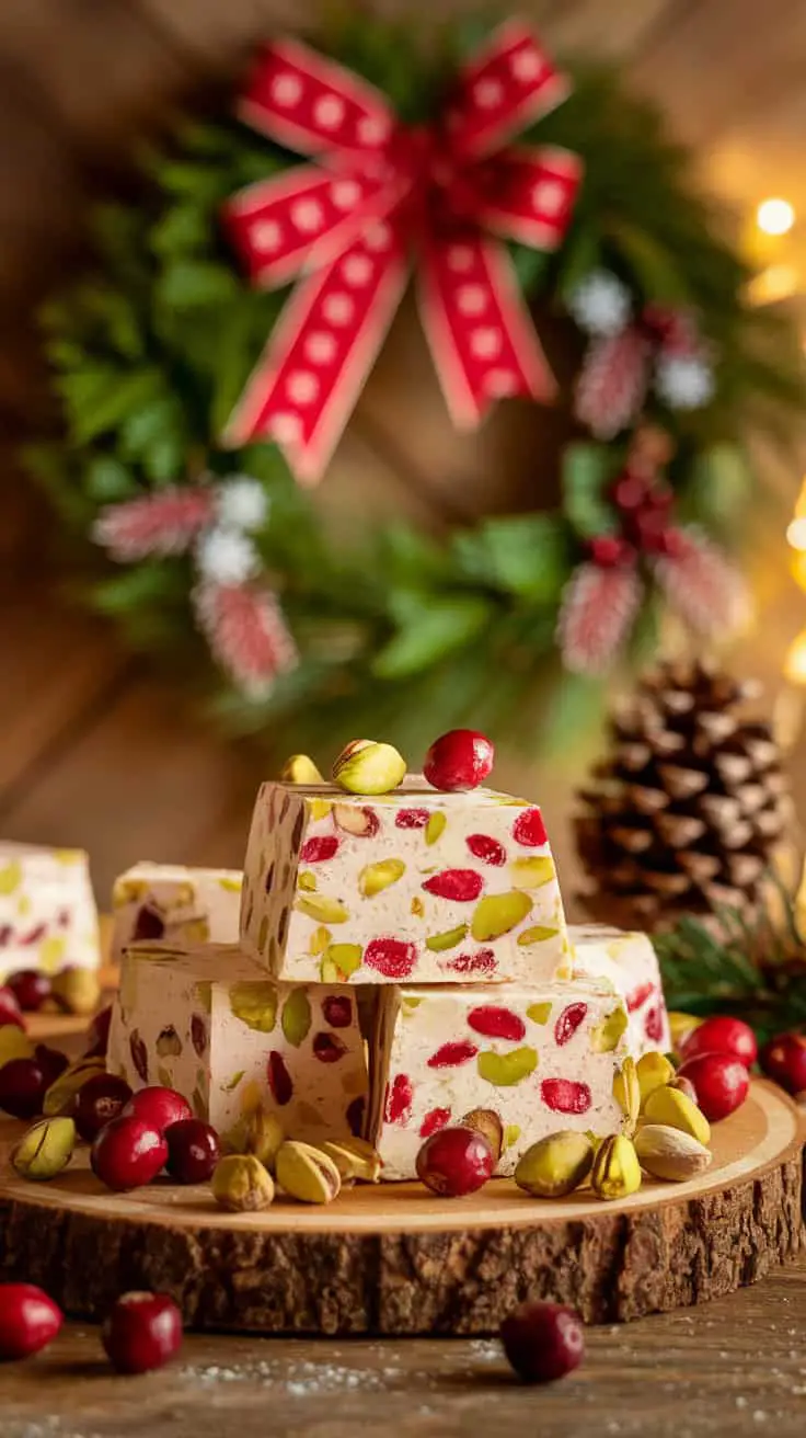 Festive cranberry and pistachio nougat displayed on a wooden platter, surrounded by cranberries and pistachios, with a decorated wreath in the background.