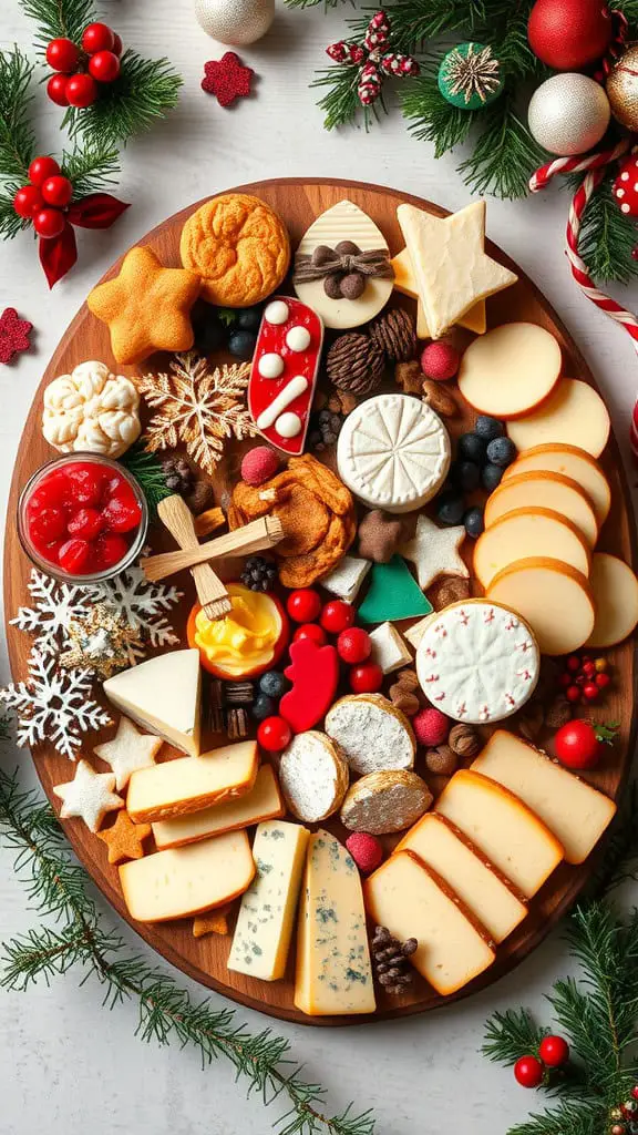 A festive holiday snack board with various cheeses, cookies, and colorful decorations.