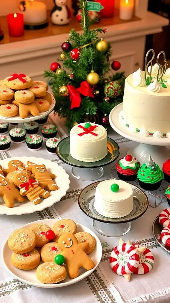 A festive holiday display featuring a variety of decorated sweets and cakes on a table with a small Christmas tree.