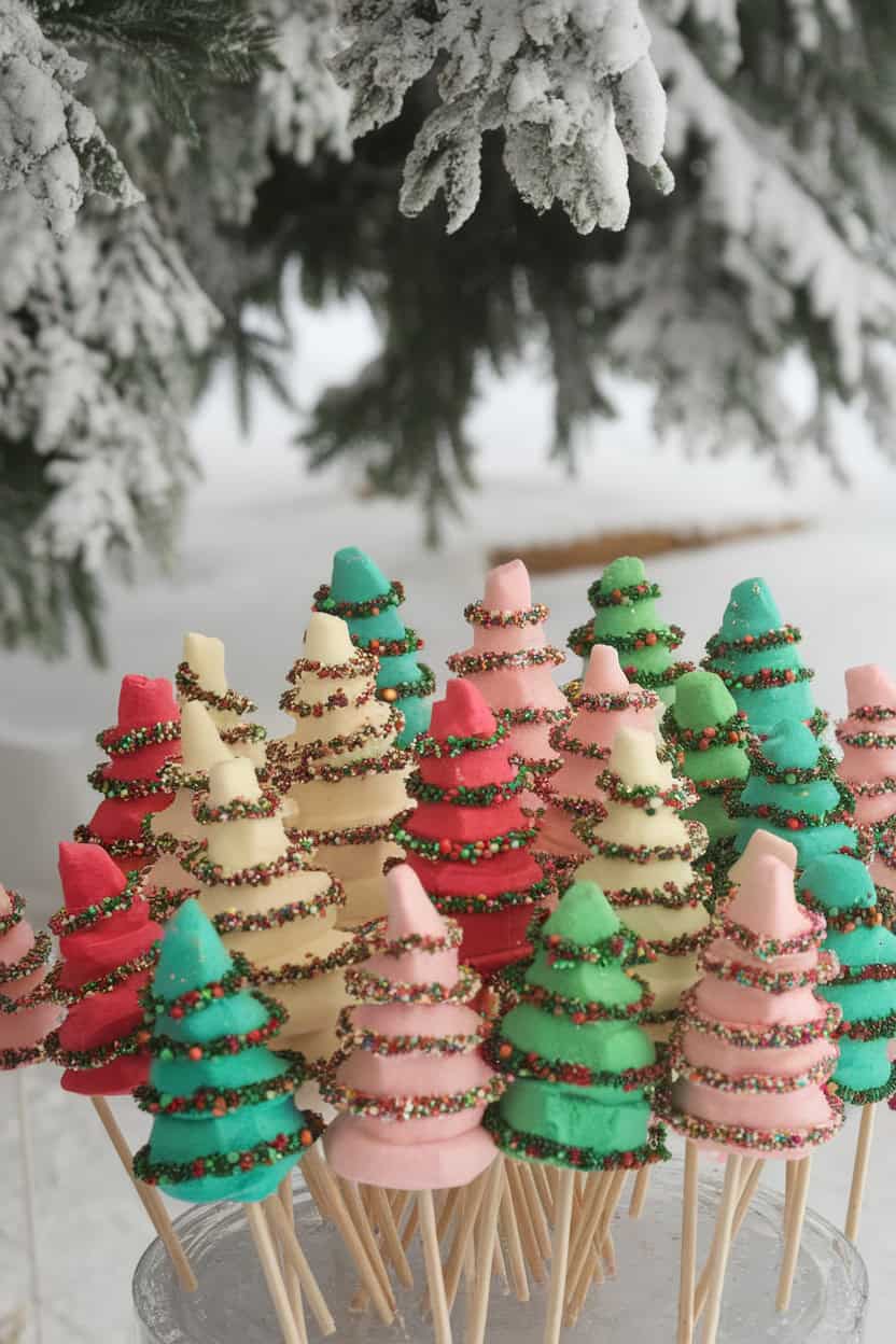 Colorful marshmallow Christmas tree pops in a snowy setting