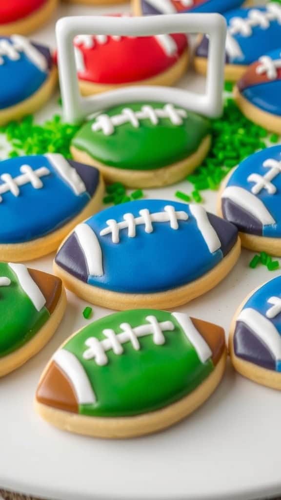 Decorated sugar cookies shaped like footballs and a field goal post on a green football field background.