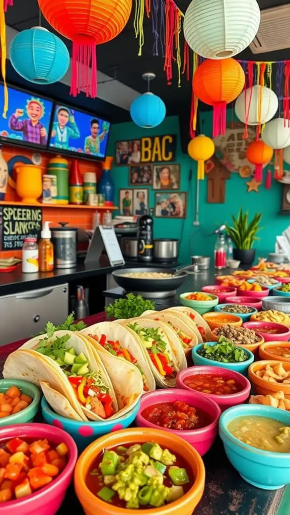 A colorful taco bar with various toppings and ingredients for a festive celebration.