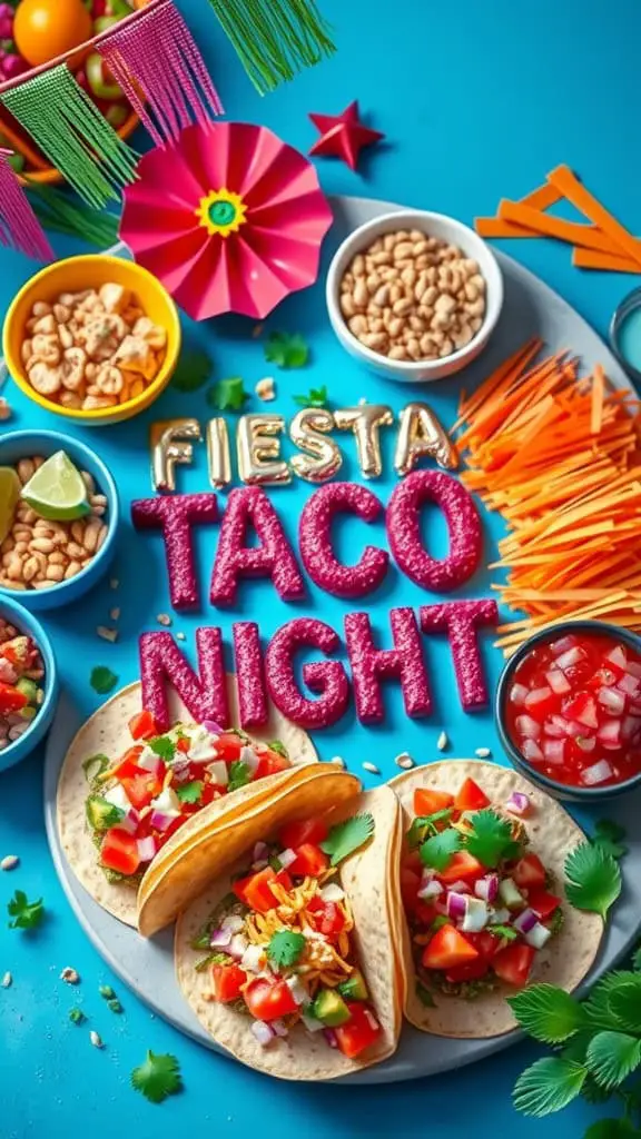 Colorful Fiesta Taco Night platter featuring soft tacos, fresh toppings, and vibrant decorations.