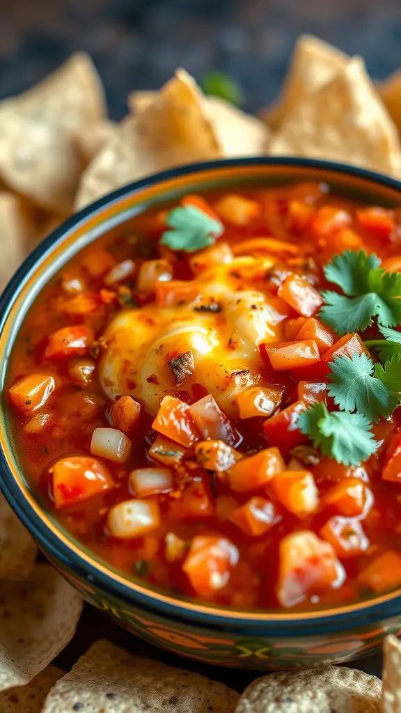 A colorful bowl of fire-roasted salsa topped with cheese and cilantro, surrounded by tortilla chips.