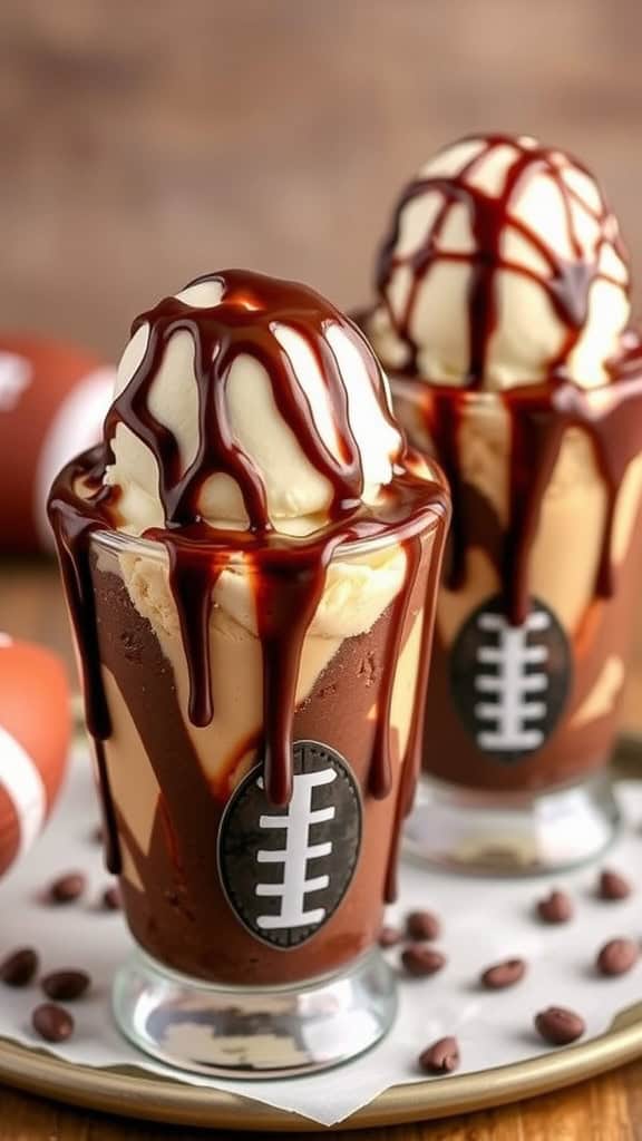 First Down Fudge Brownie Sundaes in football-themed cups