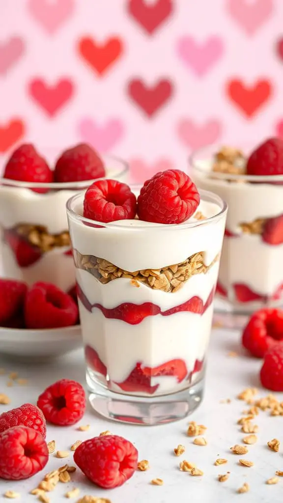 Fit-friendly raspberry yogurt cups layered with yogurt, granola, and fresh raspberries, set against a colorful heart background.