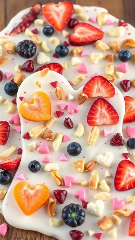 Colorful yogurt bark with heart-shaped toppings and fresh berries